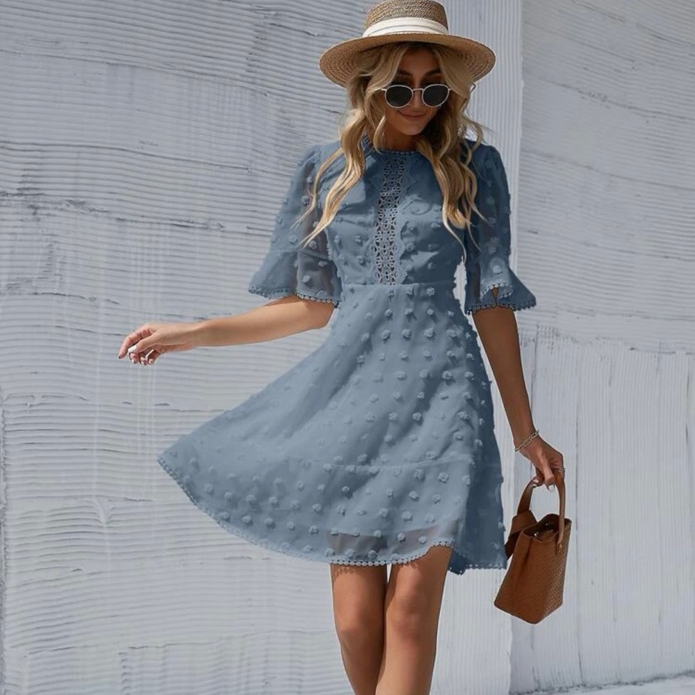 Swiss Dot Flounce Sleeve Guipure Lace Appliques Dress